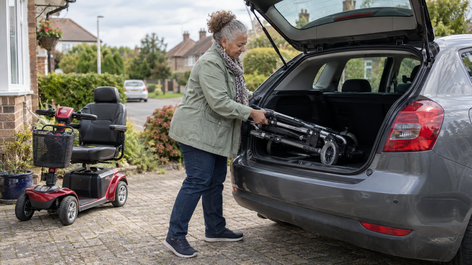 An older woman loading mobility equipment into a car on a British driveway