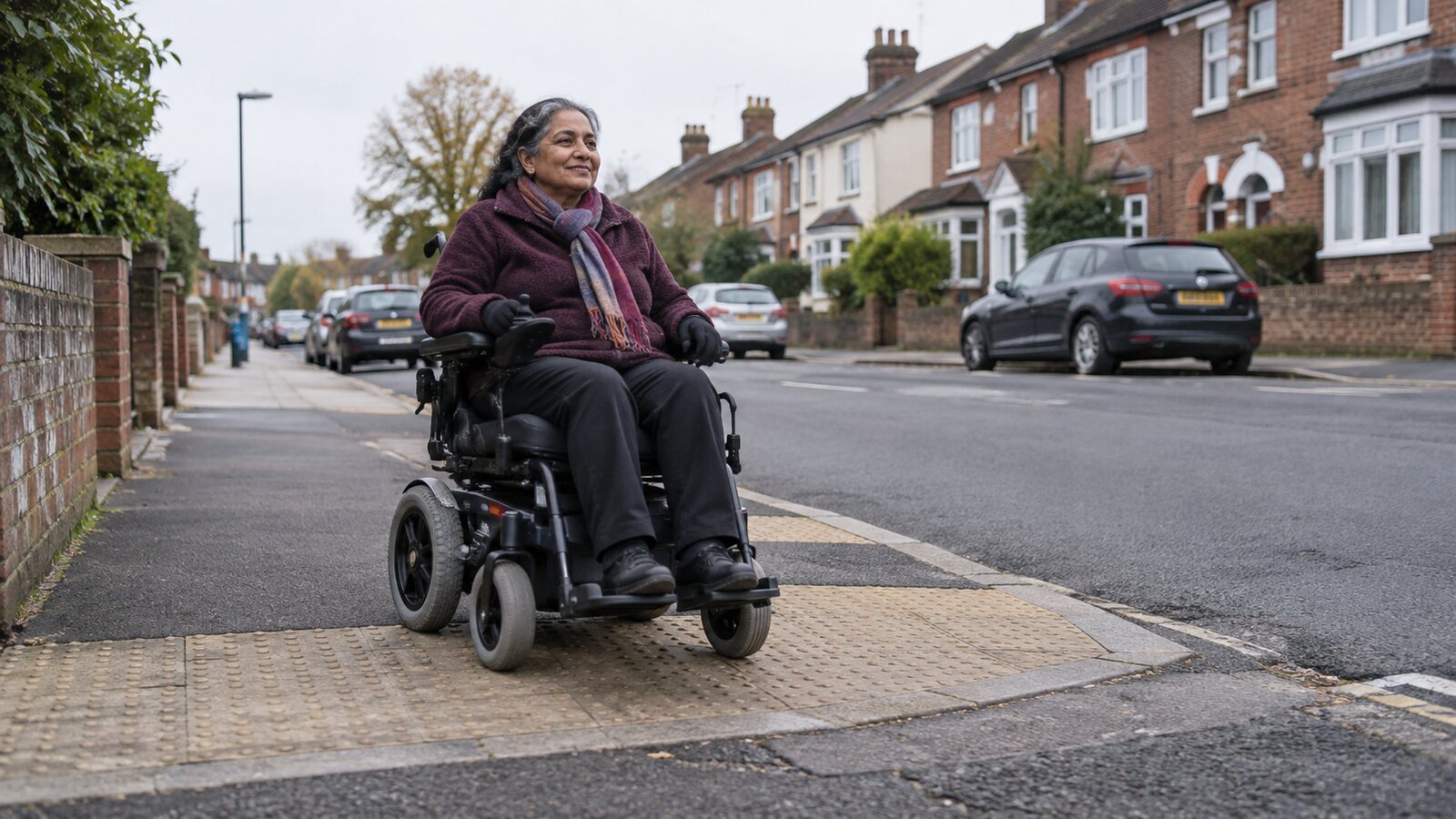 A powered wheelchair user crossing a dropped kerb on a British street