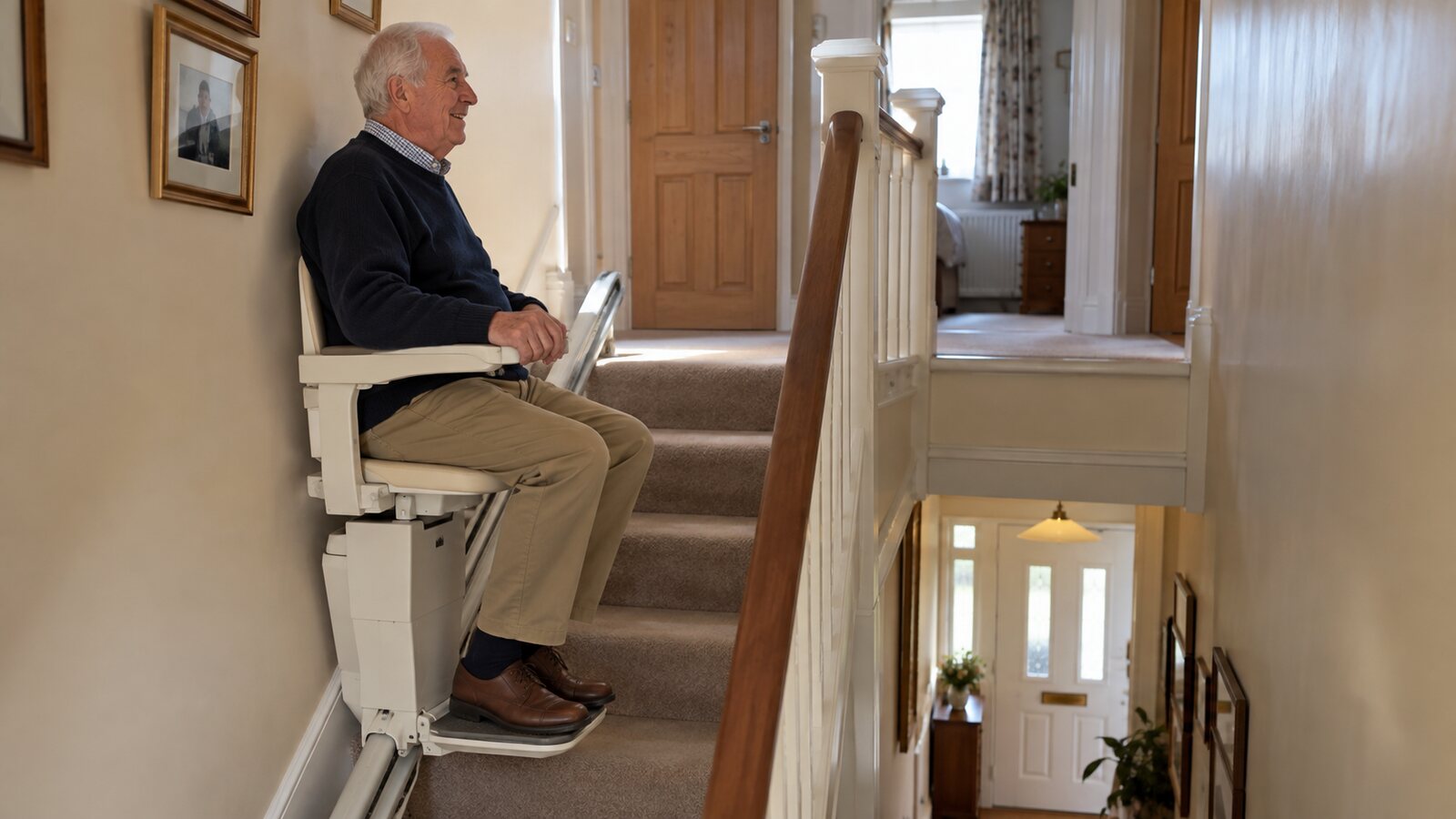An older person using a stairlift on a straight staircase in a British home