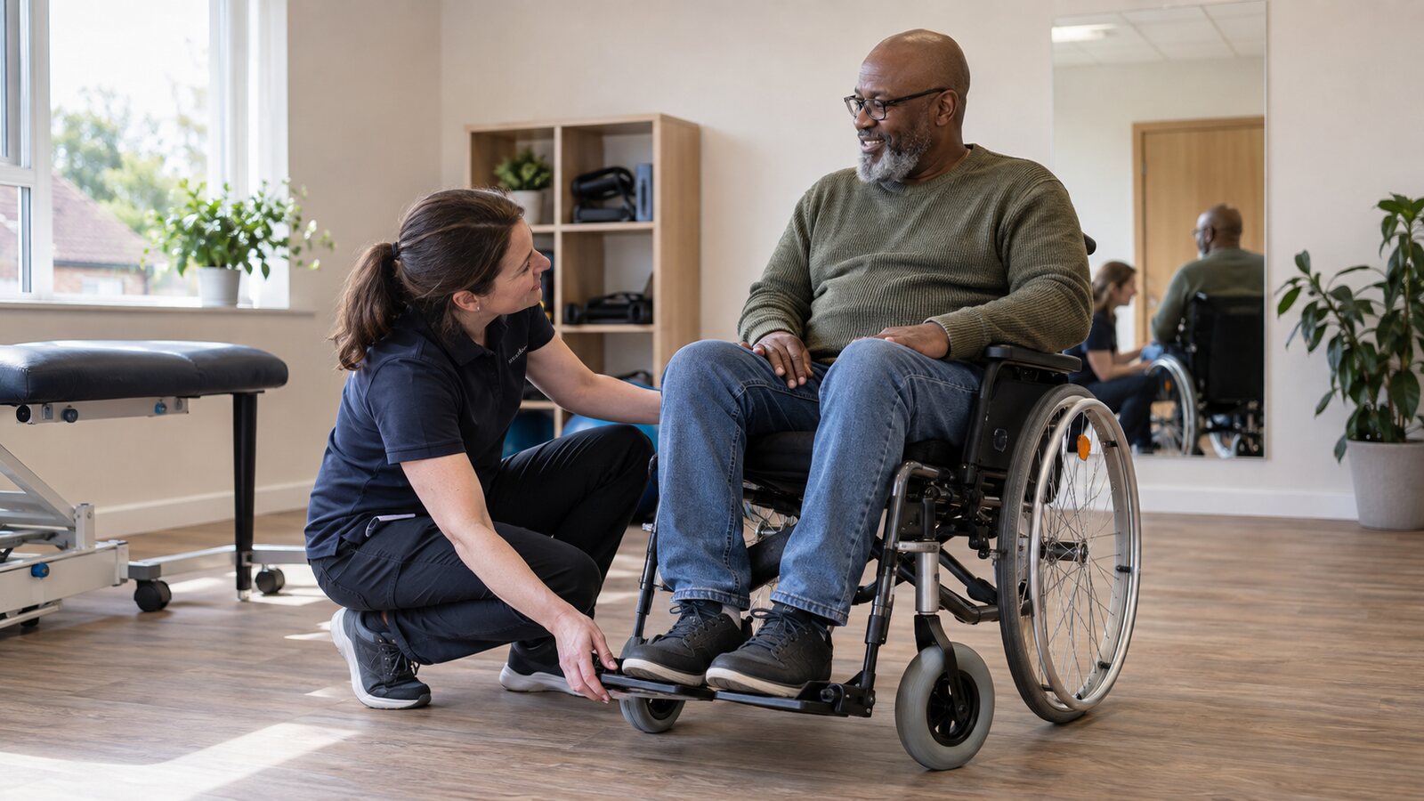 A wheelchair user having the chair fit checked by a therapist